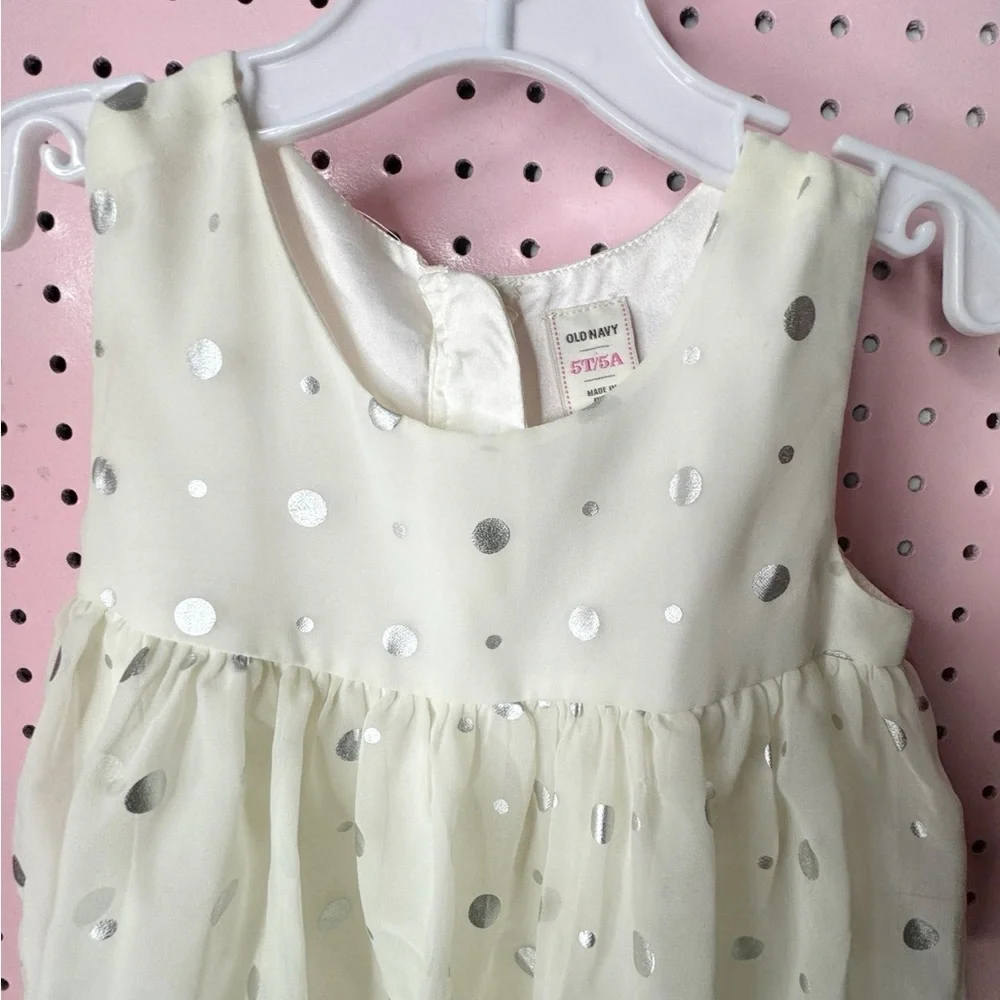 Old Navy Ivory Silver Polka Dot Tiered Ruffle Dress Girls 5T Holiday Party